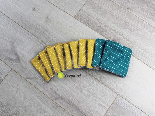 Lot de 10 lingettes démaquillantes jaune moutarde et bleu canard Creakiwi