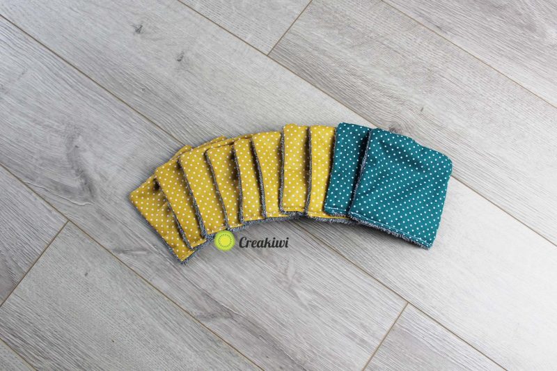 Lot de 10 lingettes démaquillantes jaune moutarde et bleu canard Creakiwi