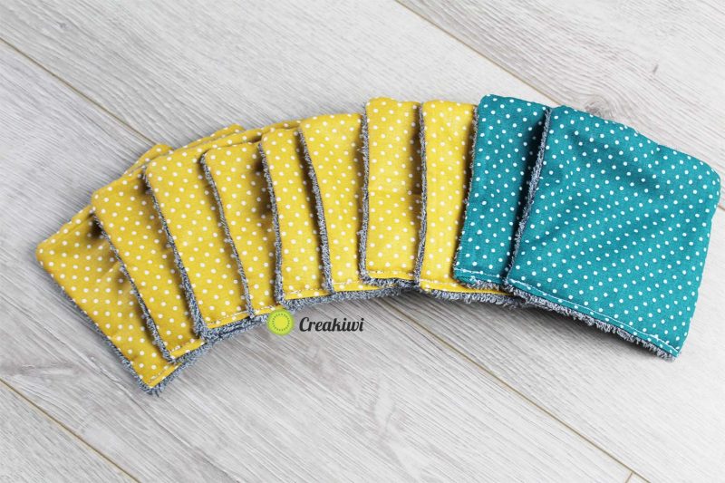 Lot de 10 lingettes démaquillantes jaune moutarde et bleu canard Creakiwi