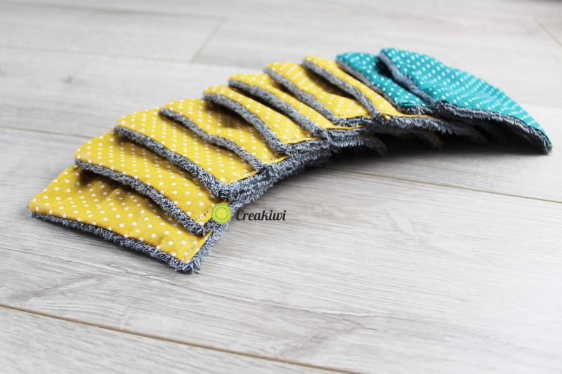 Lot de 10 lingettes démaquillantes jaune moutarde et bleu canard Creakiwi