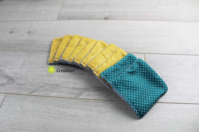 Lot de 10 lingettes démaquillantes jaune moutarde et bleu canard Creakiwi