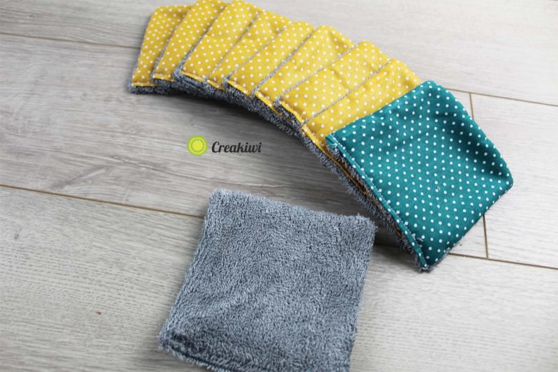 Lot de 10 lingettes démaquillantes jaune moutarde et bleu canard Creakiwi