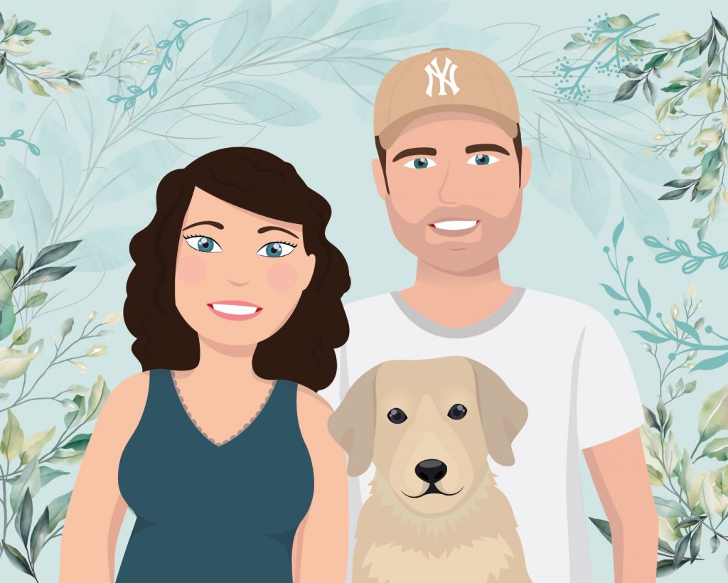 Illustration portrait de famille de Maeva, son compagnon et leur chien - Illustration portrait de famille Creakiwi